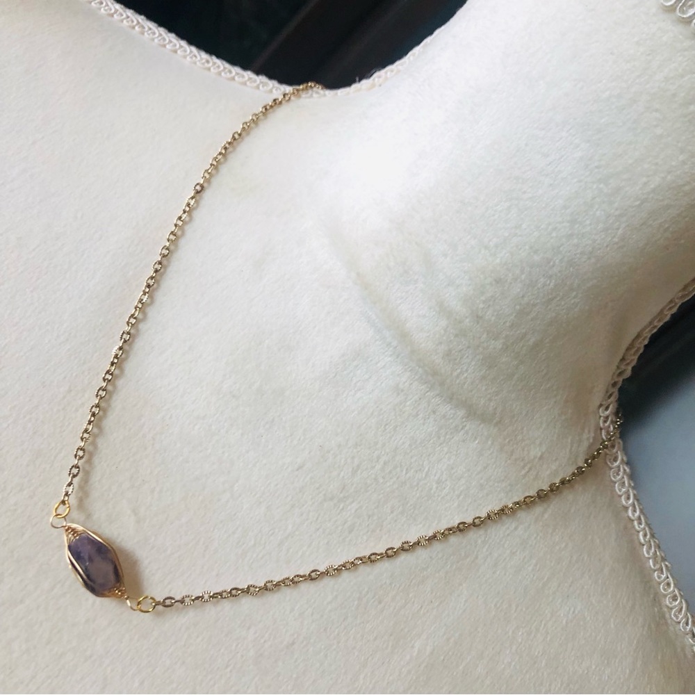 Handcrafted gold wire cage genuine amethyst stone necklace